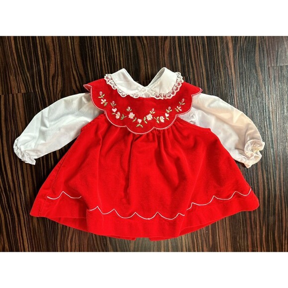 Vintage Tiny Tots Girl 3 - 6 Mo Red Floral Dress Apron 2 Piece Set - Picture 1 of 6